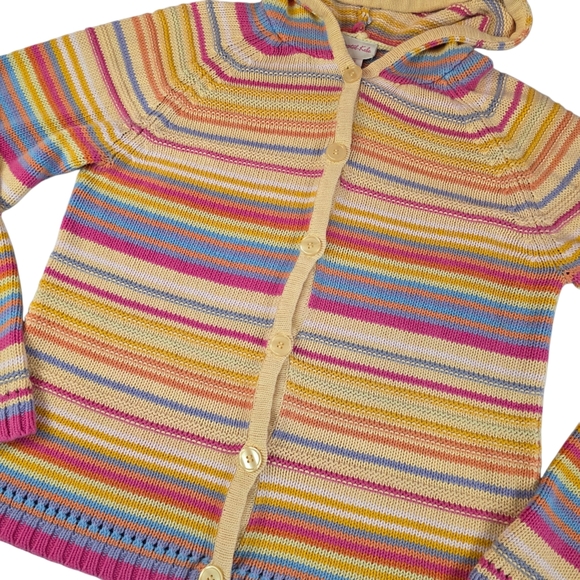Vintage 90s Hooded Stripe Cardigan Ramie Cotton Boho Beachy Sweater Women M - Picture 2 of 7